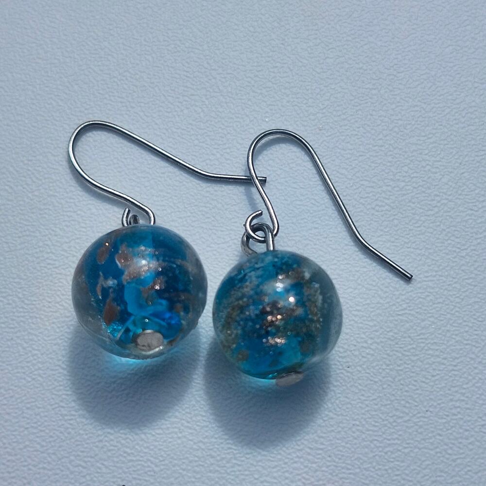Blue Glass Bead Dangle Earrings Silver Tone Fish Hook Gold Foil Drop Jewelry